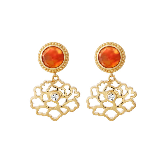 Majestic Tang Peony Earrings  Gold Vermeil /Orange Carnelian