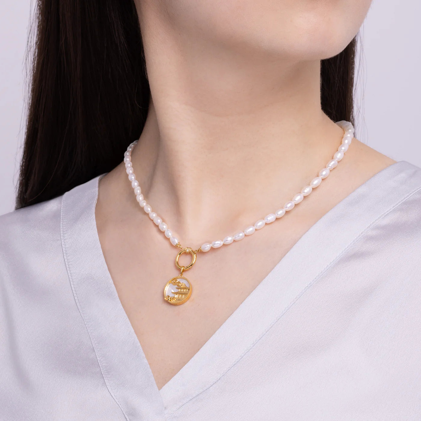 Pearl Charm Clasp Necklace - Gold