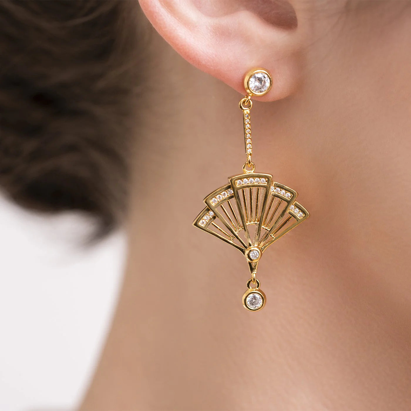 Fan Earrings - Gold with Clear Crystal